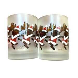 Vintage Culver Glass frosted Christmas Cocktail Glasses PAIR Dancing Santa Moose